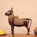 Brass Standing Nandi Statue | 16" x 15" x 4" | 9.3 kg | Vintage Antique Red Tone | Traditional Hindu Temple Bull Sculpture | Sacred Art | Jaipurio